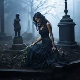an attractive woman is sitting on a cross in the fog,woman in a blue dress standing on steps near statue