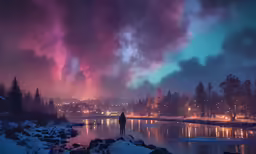 a man standing on a frozen lake in front of the night sky