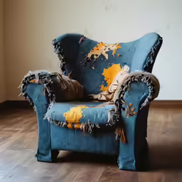 a blue sofa that has yellow paint chipping off