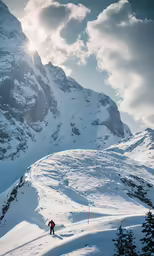 people walking across the snow near a mountain
