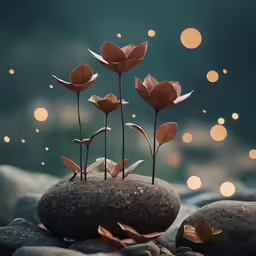 five wooden flowers are in the middle of a rock