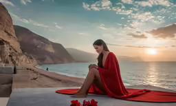a woman sitting by the ocean with the sun behind her