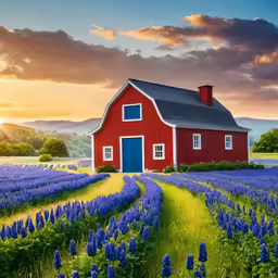 painting of a red barn and lavender flowers