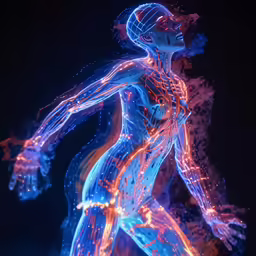 an image of a human body made up of various colored glowing lights