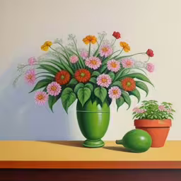 a painting of flowers and fruit are on display,a painting of flowers in a green vase