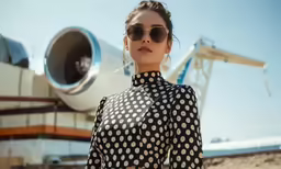 a lady in an outfit and sunglasses on the beach
