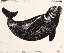 an seal is shown on a white background,an etcie of a seal sitting on a piece of paper