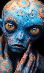 a blue alien with orange eyes stares into the camera
