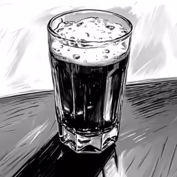 a black and white photograph of a drink in a glass
