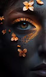 a girl has flowers on her face painted with yellow powder