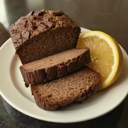 a loaf of chocolate bread next to sliced up lemon on a plate