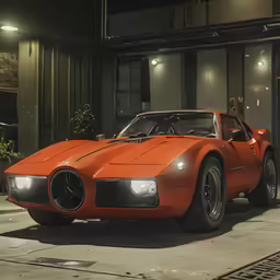 an orange sports car parked on the street at night