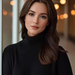 a woman wearing a black turtle neck top