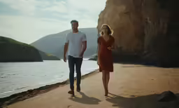 there is a man and a woman walking on the beach