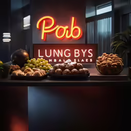 a large sign that is sitting above a buffet