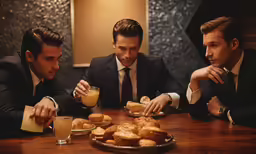 two guys are eating some doughnuts at a table
