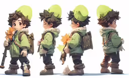 a small boy with backpack, with a leaf in his hair and one walking while holding onto something
