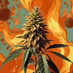 the painting depicts an orange and yellow firecracker with trees