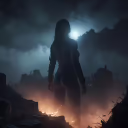 a female figure standing in a field with fire on the ground