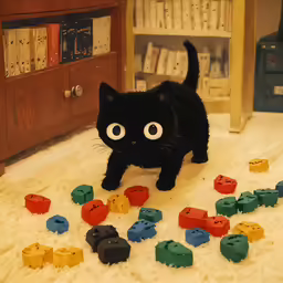 a black cat walking on a carpet with various colored blocks