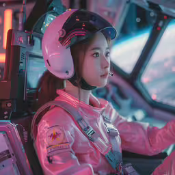 asian woman in pink pilot uniform in the cockpit of an airplane,girl