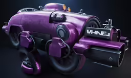 a purple plastic model that is looking like it has wheels and a device inside