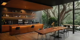 the long table in the room has many chairs