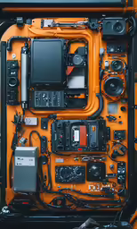 orange colored construction vehicle with many electronic components