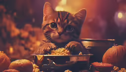 the little kitten is eating cereal from a bowl