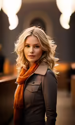 a woman in a brown jacket standing next to a table