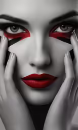 a woman with red lipstick and makeup, wearing black and white