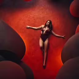woman in bodysuit posing on red floor