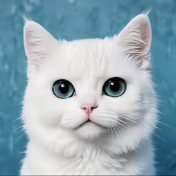 a close up of a white cat with blue eyes