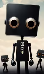 an old robot is standing next to two tiny ones