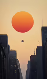 an orange and pink sunset with a giant disk above a city street