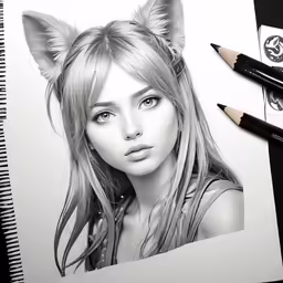a black and white photo with a pencil drawing of a girl