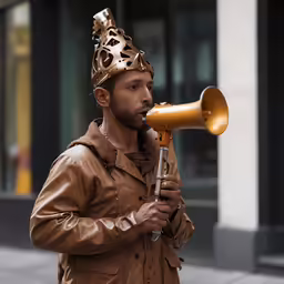 a man standing on the street and speaking into a megaphone