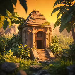 a stone house in the middle of some green plants