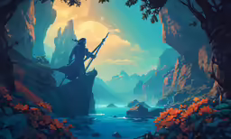 the character is sitting on a rock and holding a staff