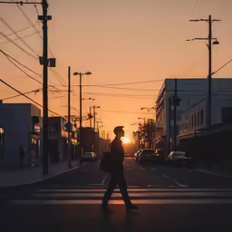 a person walks across a city street at sunset