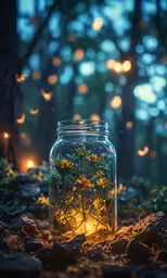 a jar with plants in the dirt in front of lit trees