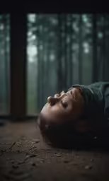 a woman laying on the floor next to trees