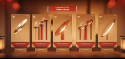 there are three trophies with different items on display