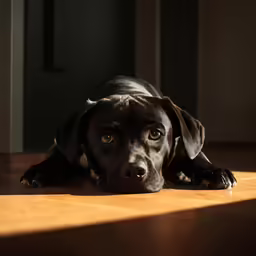 a close up of a dog on a wood floor