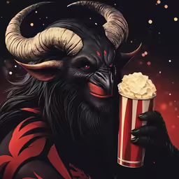 a character holding a popcorn cup with devilish horns and a striped drink in his hand