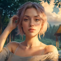 a woman with blonde hair posing by some trees