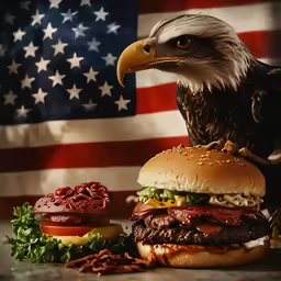 an eagle standing next to two hamburgers in front of a flag