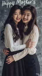 a girl hugging another on the back of her,two women in white shirts hugging each other in front of a happy mother