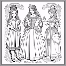 barbie and princess coloring pages, which are not to be edited or drawn,three women in dress, one with a veil and the other wearing a tiara