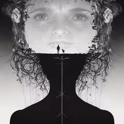 the silhouette of a man and a woman stand next to each other with a head in between them,the image is split into four parts by a long line